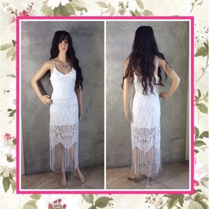 🎀 WHITE MAXI DRESS LONG FRINGE LACE BOHO BRIDE WEDDING TASSEL MIDI FORMAL FANCY